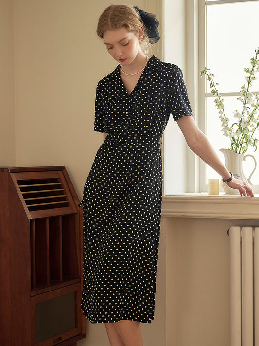 Baylee 法式複古波點V領連衣裙