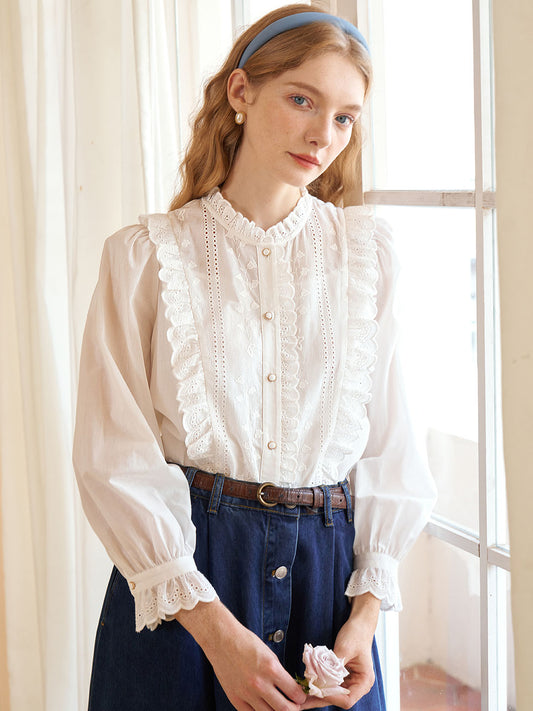 Braelyn 法式複古刺繡花邊拼接襯衫