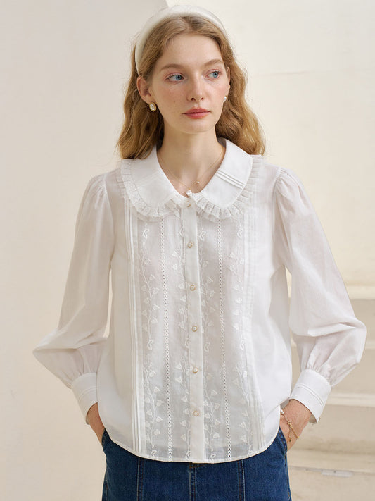 Jazmine 彼得潘領蕾絲拼接刺繡襯衫