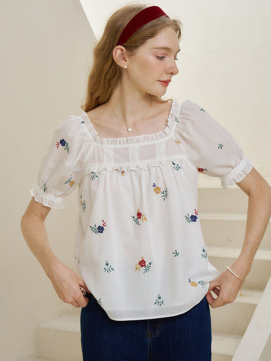 Khalani 彩色玫瑰刺繡泡泡袖襯衫