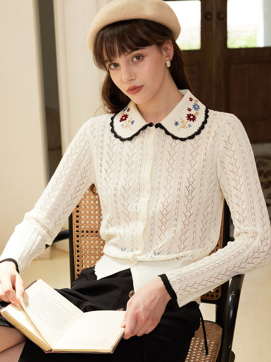 Shay 彼得潘領撞色刺繡鏤空開衫