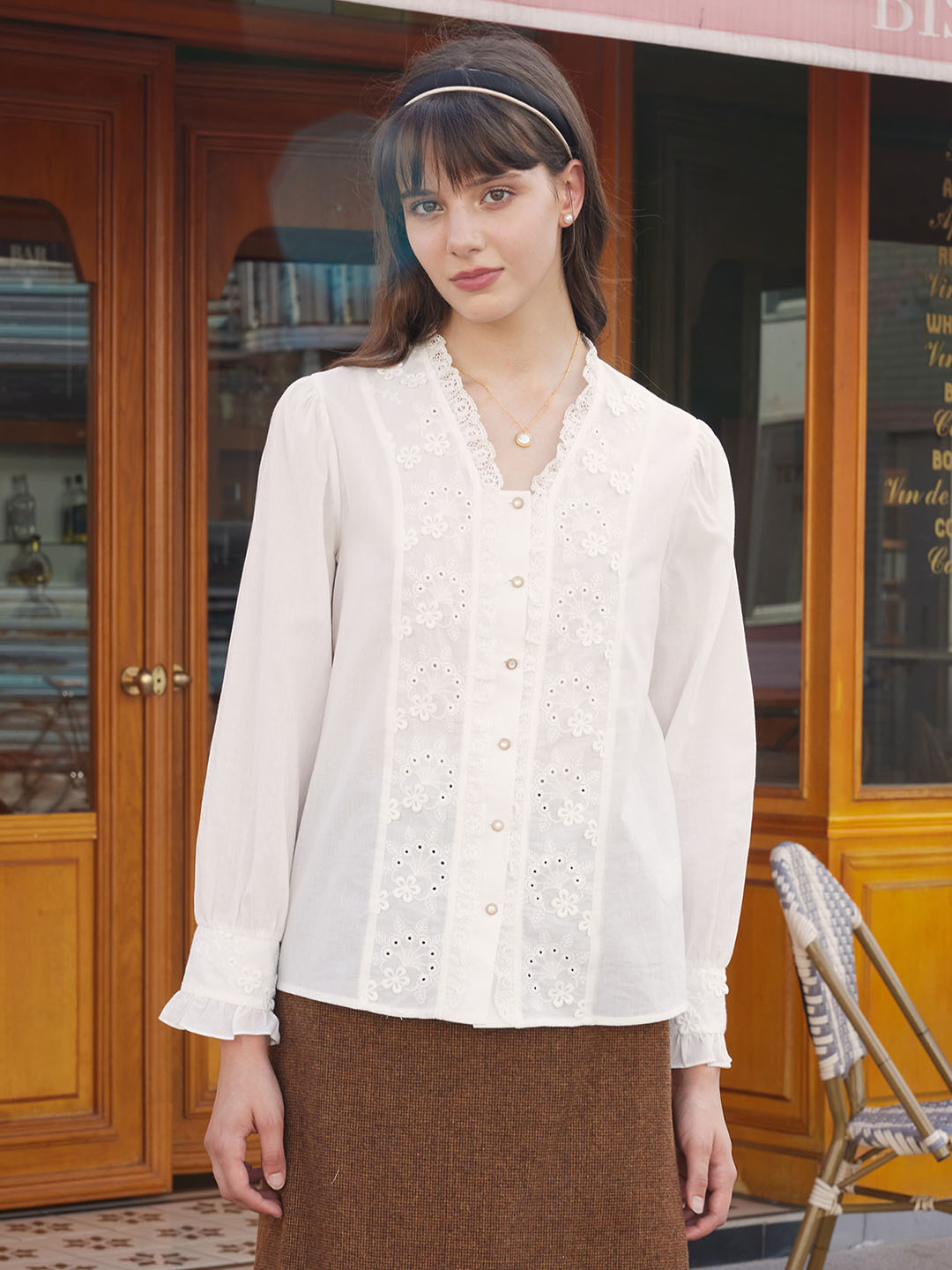 Nyra 刺繡蕾絲拼接花邊袖襯衫