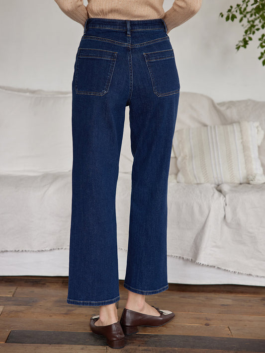 Felicia 深藍色高腰直筒牛仔褲/SIMPLERETRO