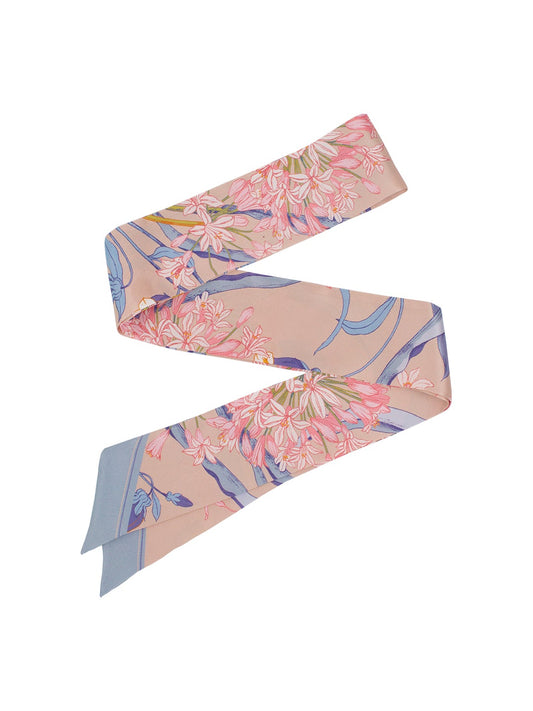 Chowxiaodou 原創藕粉色百子蓮真絲素縐緞長條絲巾