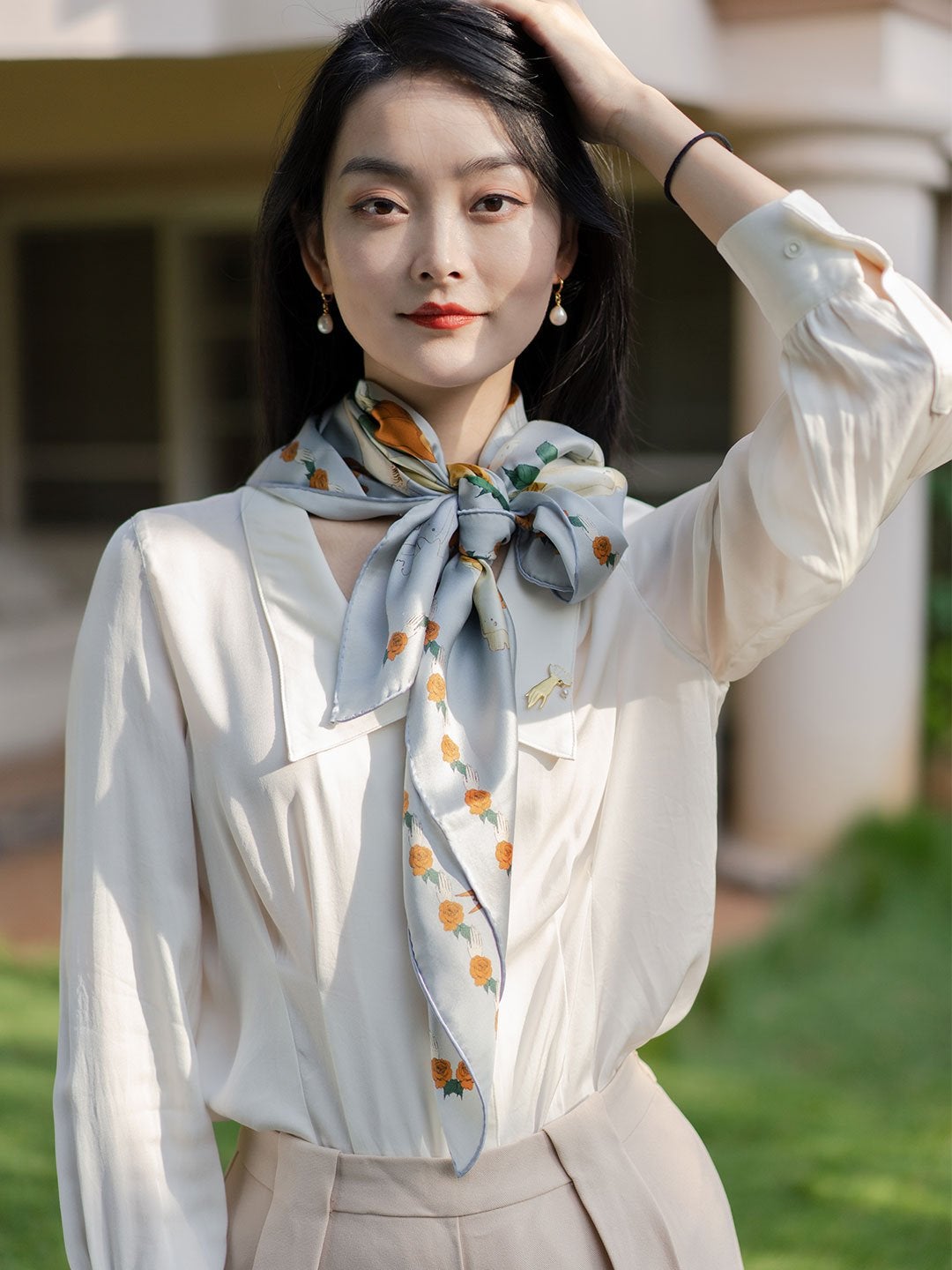 Chowxiaodou 原創4色玫瑰真絲素縐緞優雅大方巾