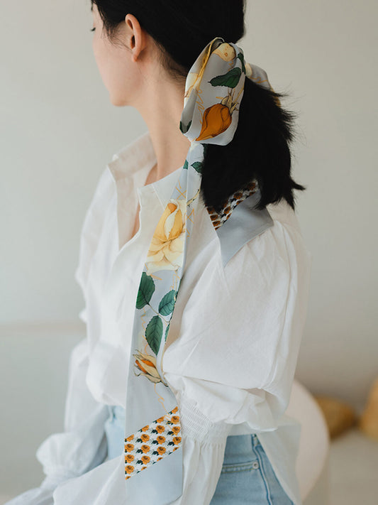 Chowxiaodou 原創4色玫瑰印花真絲素縐緞長條絲巾