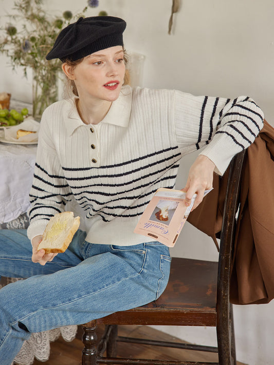 Davian 黑白條紋Polo領針織衫/simple retro