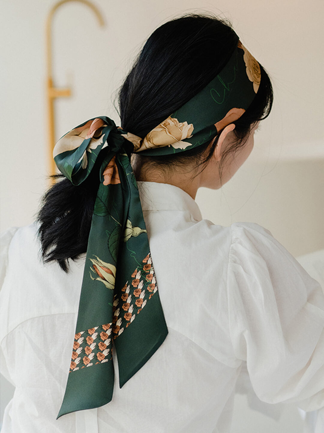 Chowxiaodou 原創4色玫瑰印花真絲素縐緞長條絲巾