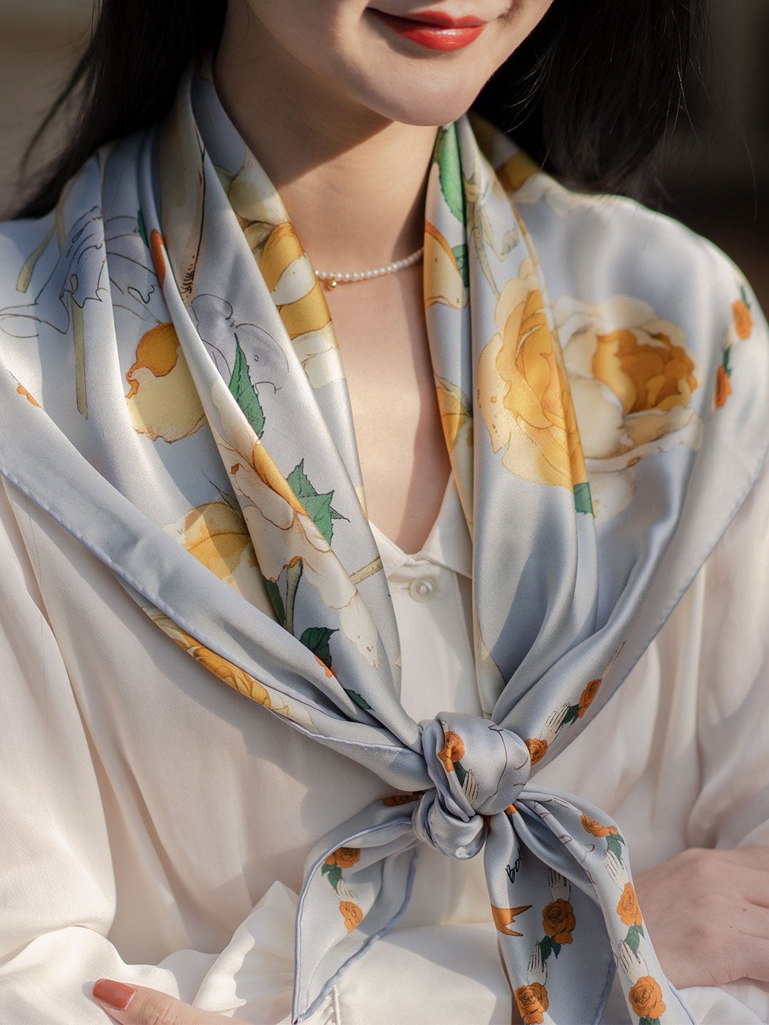 Chowxiaodou 原創4色玫瑰真絲素縐緞優雅大方巾
