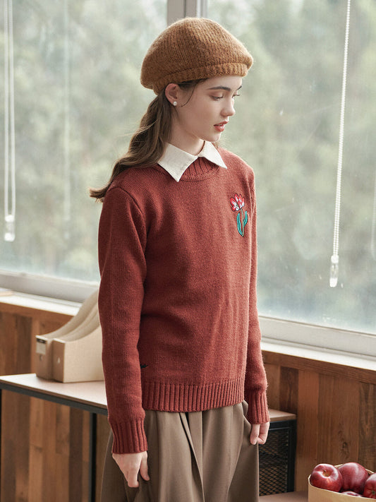 兔子與鬱金香刺繡羊毛套頭針織毛衣