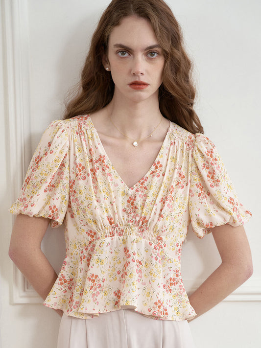 Luciana 鬱金香法式大V領碎花小衫