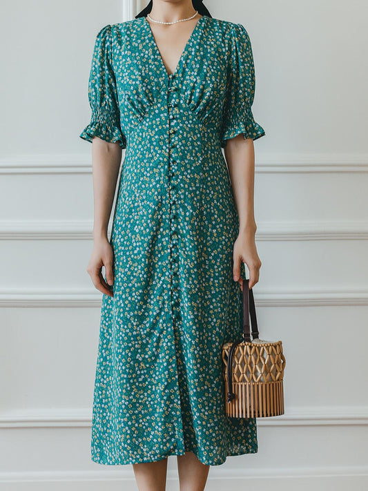 Kora 多色印花V領五分袖過膝連身裙/SIMPLERETRO