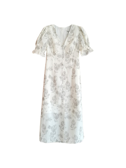 【Final Sale】Xena V-Neck Floral Puff Sleeve Dress - Apricot