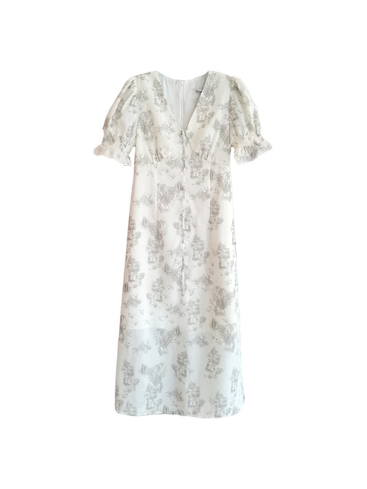 【Final Sale】Xena V-Neck Floral Puff Sleeve Dress - Apricot