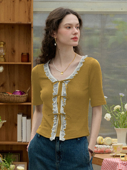 【Final Sale】Emerie V-neck Contrast Lace Panel Bow Knitted Top - Yellow