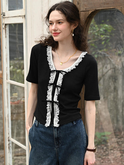 Serbrina V領蕾絲開襟衫