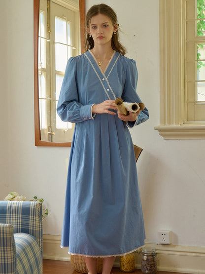 【Final Sale】Chandler V-Neck Trimmed Lace-up Contrasting Button Cotton Dress