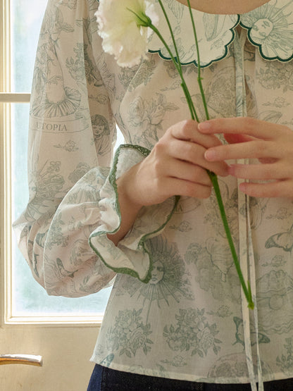 【Final Sale】Aila Contrast Lace-up Lapel Puff Sleeve Lace Floral Print Blouse
