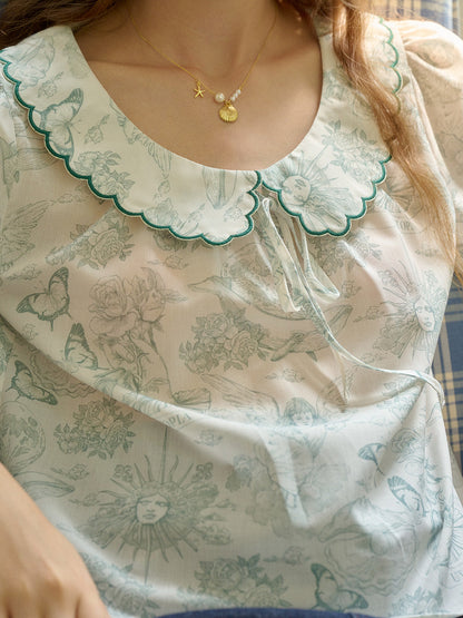 【Final Sale】Aila Contrast Lace-up Lapel Puff Sleeve Lace Floral Print Blouse