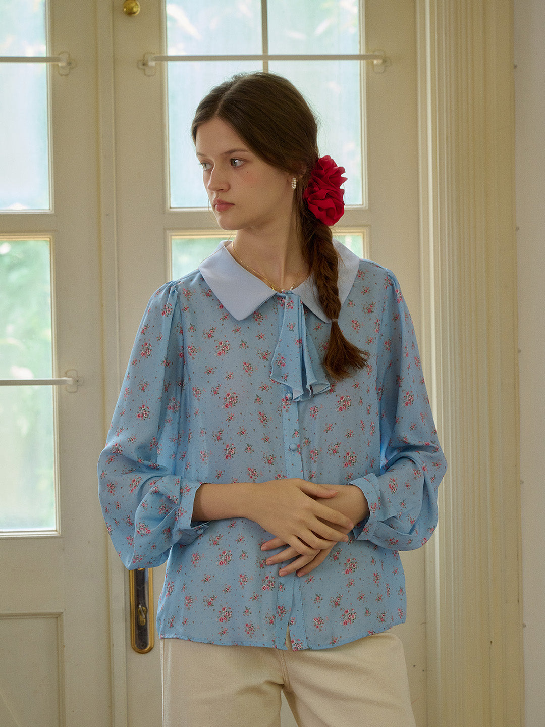 【Final Sale】Alexis Long Sleeve Patchwork Peter Pan Collar Embroidery Casual Blouse - Blue