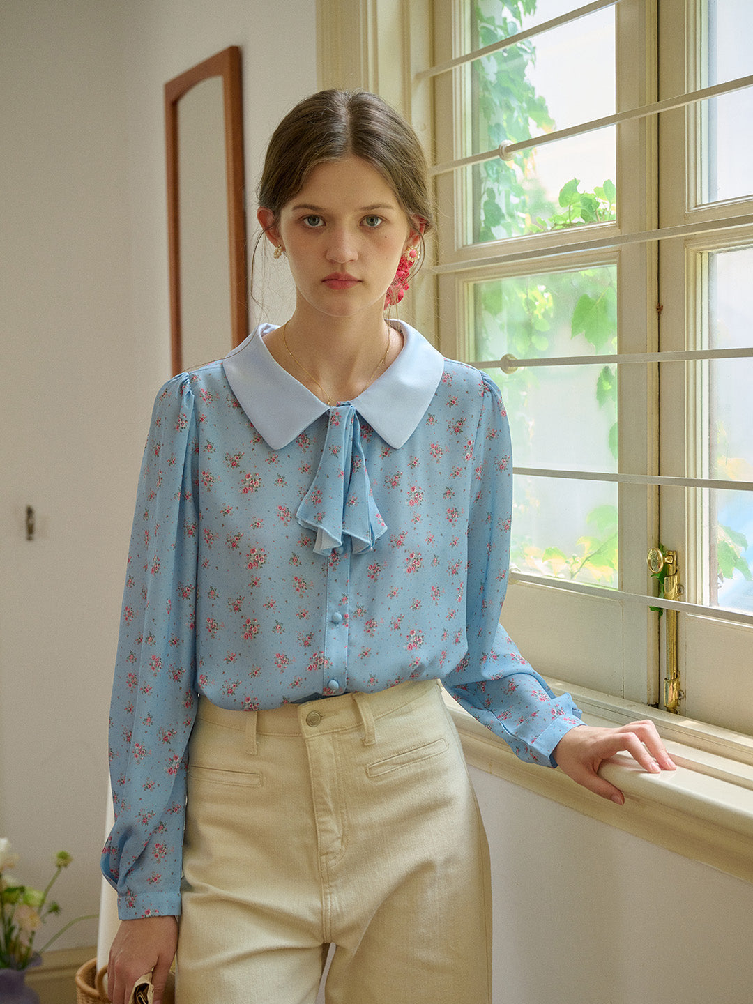 【Final Sale】Alexis Long Sleeve Patchwork Peter Pan Collar Embroidery Casual Blouse - Blue