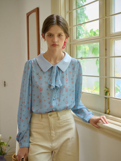 【Final Sale】Alexis Long Sleeve Patchwork Peter Pan Collar Embroidery Casual Blouse - Blue
