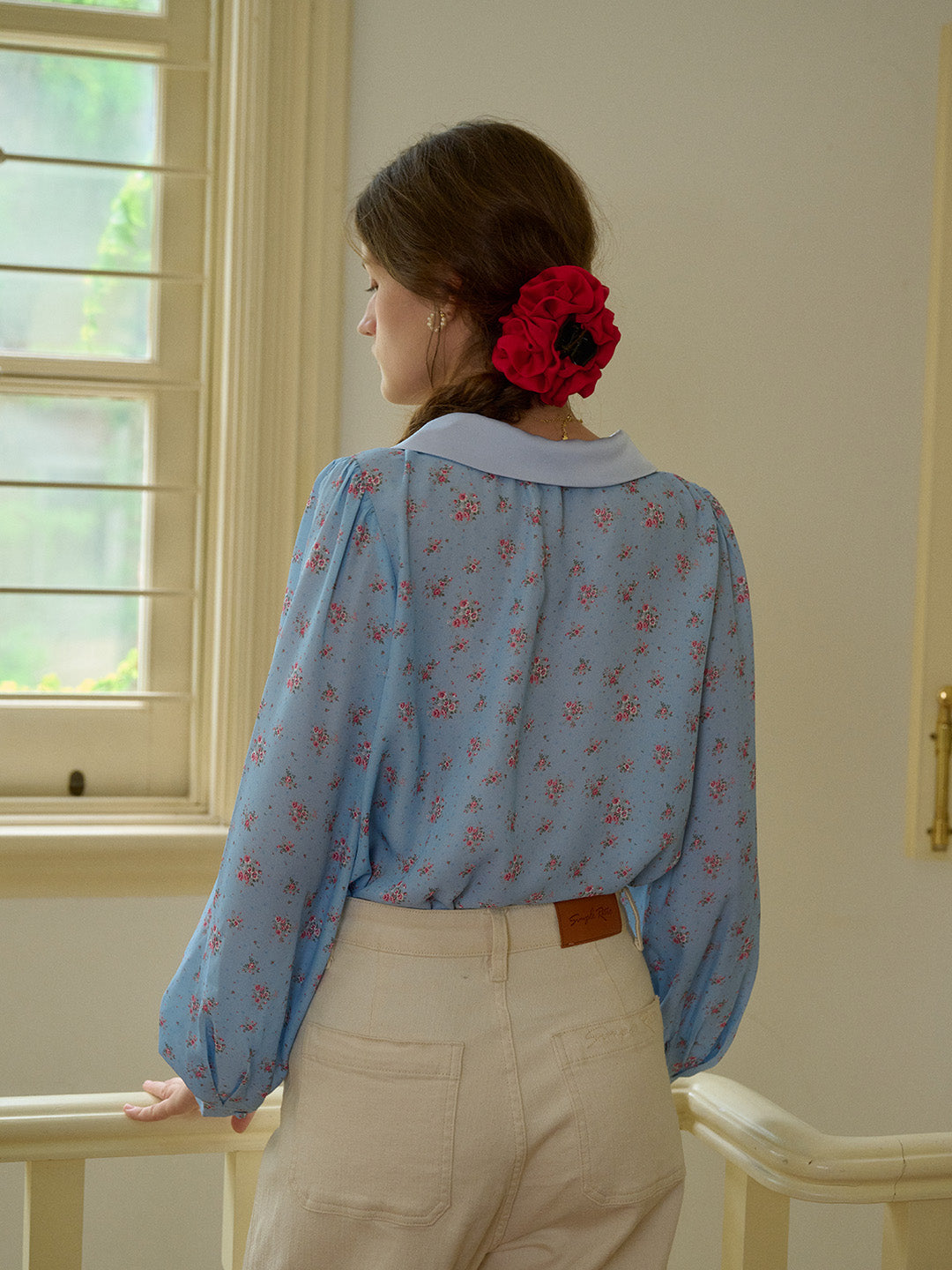 【Final Sale】Alexis Long Sleeve Patchwork Peter Pan Collar Embroidery Casual Blouse - Blue