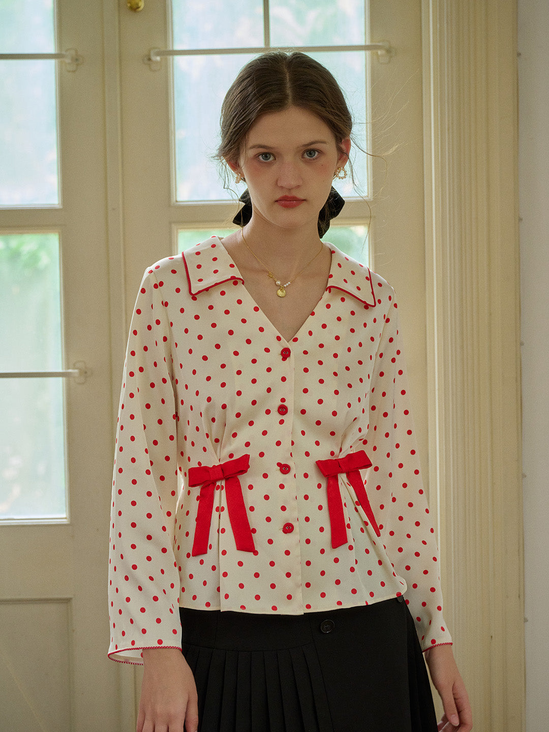 【Final Sale】Emiliana V-Neck Polka Dots Bow Contrasting Blouse