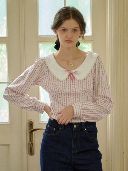 【Final Sale】Nori Cute Doll Collar Floral Bow Stripe Blouse