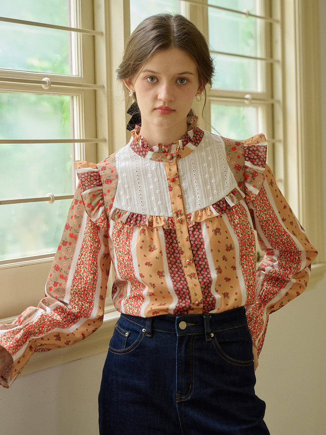 Wren 立領拼接襯衫