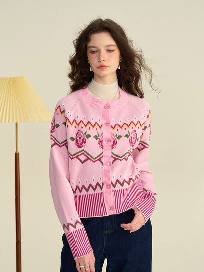 Violette 圓領刺繡玫瑰開襟衫