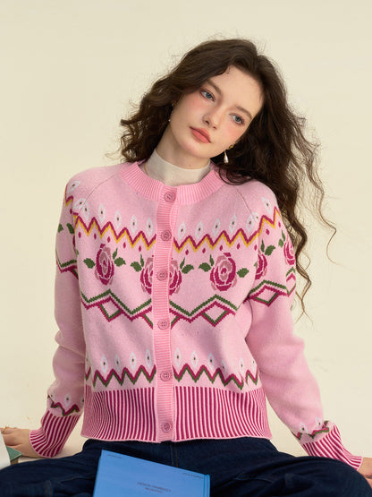 Violette 圓領刺繡玫瑰開襟衫