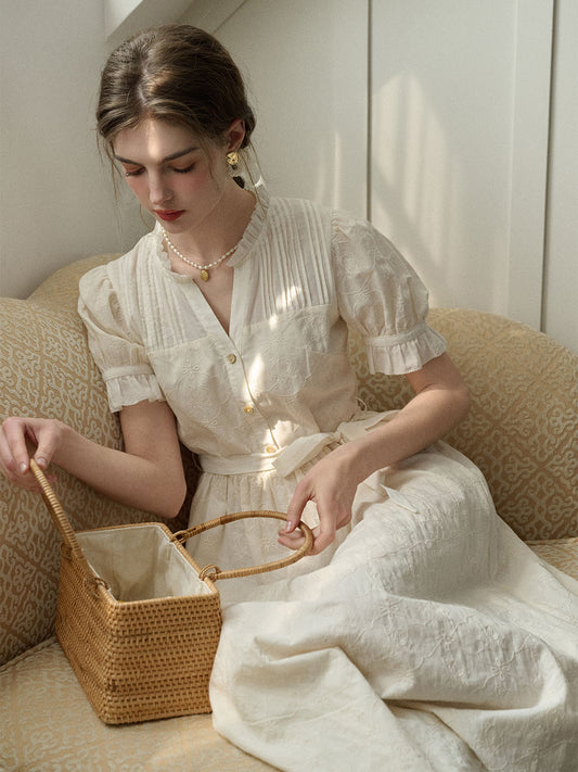 Aitana V領刺繡泡泡袖蕾絲棉質洋裝