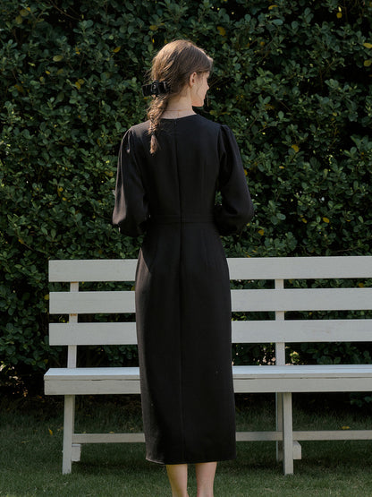 【Final Sale】Karter Notched Lapel Contrasting Button Bow Dress