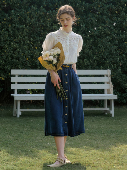 Octavia 小立領鏤空蕾絲拼接泡泡袖襯衫