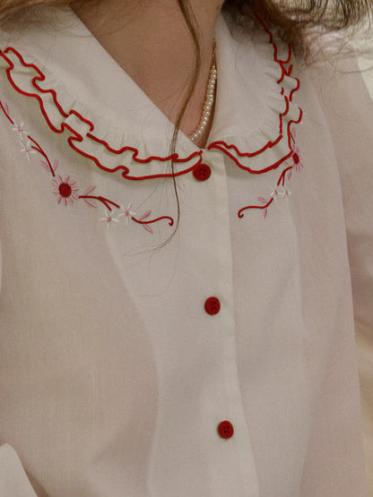 【Final Sale】Maren Peter Pan Collar Floral Embroidery Blouse - Apricot