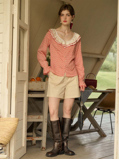 【Final Sale】Raelyn Patchwork Ruffle V Neck Heart Printed Blouse