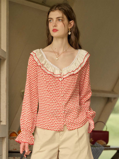 【Final Sale】Raelyn Patchwork Ruffle V Neck Heart Printed Blouse