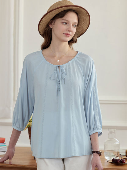 【Final Sale】Kenzie Cool Tencel Linen Light Blue Tie Blouse