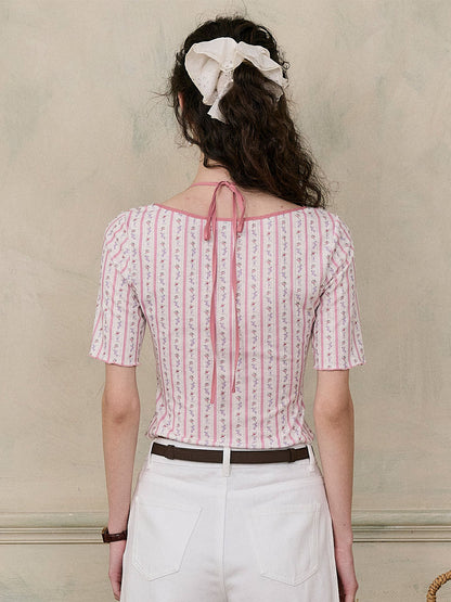 【Final Sale】Nadia Round Neck Bow Contrast Rose Floral Print Striped Knit T-shirt