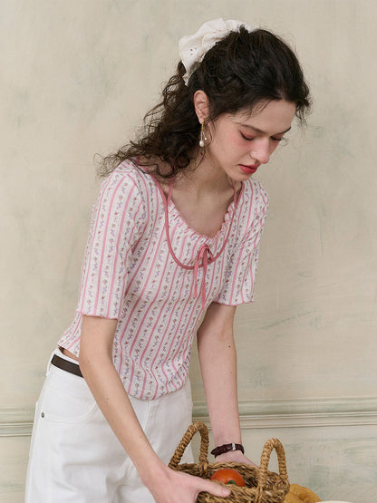 【Final Sale】Nadia Round Neck Bow Contrast Rose Floral Print Striped Knit T-shirt