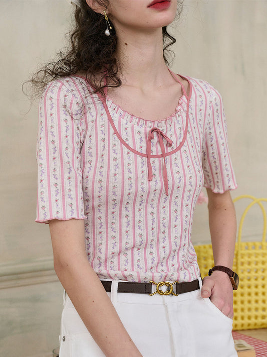【Final Sale】Nadia Round Neck Bow Contrast Rose Floral Print Striped Knit T-shirt