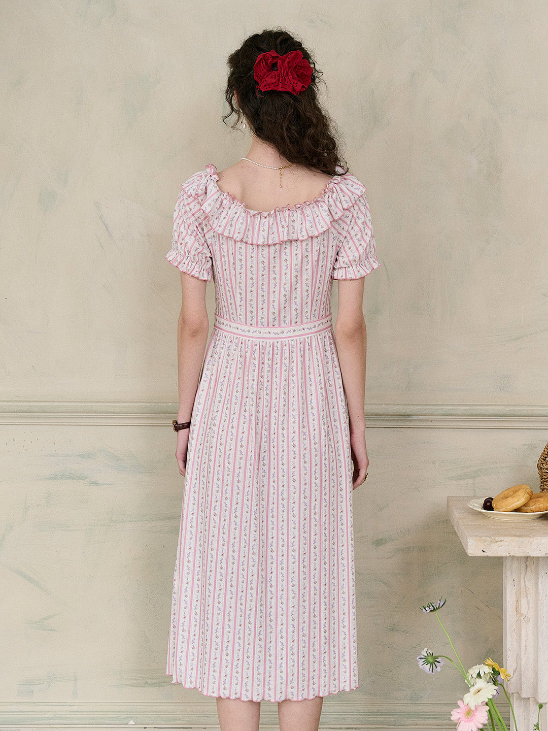 【Final Sale】Judith Square Collar Trimmed Floral Bow Stripe Dress