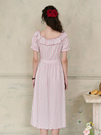 【Final Sale】Judith Square Collar Trimmed Floral Bow Stripe Dress