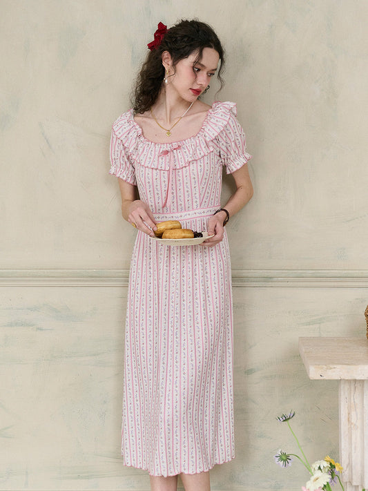 【Final Sale】Judith Square Collar Trimmed Floral Bow Stripe Dress