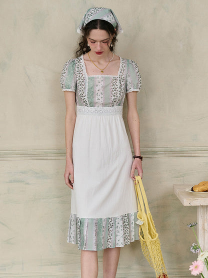 【Final Sale】Bria Square Collar Contrasting Trimmed Floral Pleated Dress