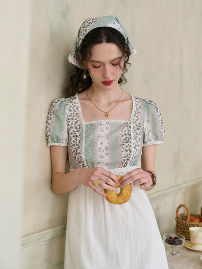 【Final Sale】Bria Square Collar Contrasting Trimmed Floral Pleated Dress