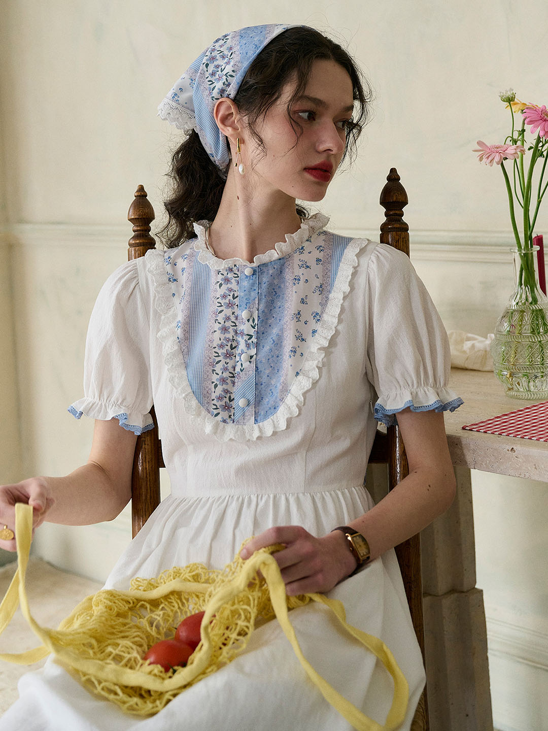 Katie 圓領 100% 泡泡袖棉質洋裝