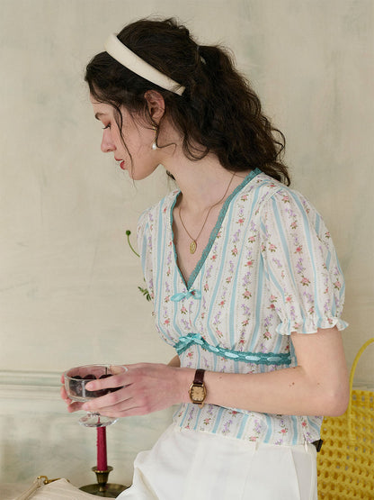 【Final Sale】Angel V Neck Bow Lace Contrast Floral Print Striped Puff Sleeve Top