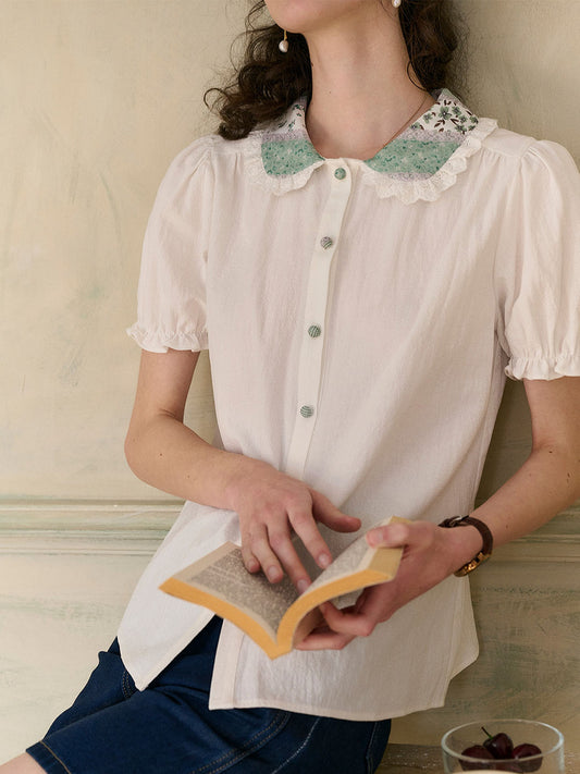 【Final Sale】Alondra Lace Floral Contrast Doll Collar Puff Sleeve Cotton Blouse